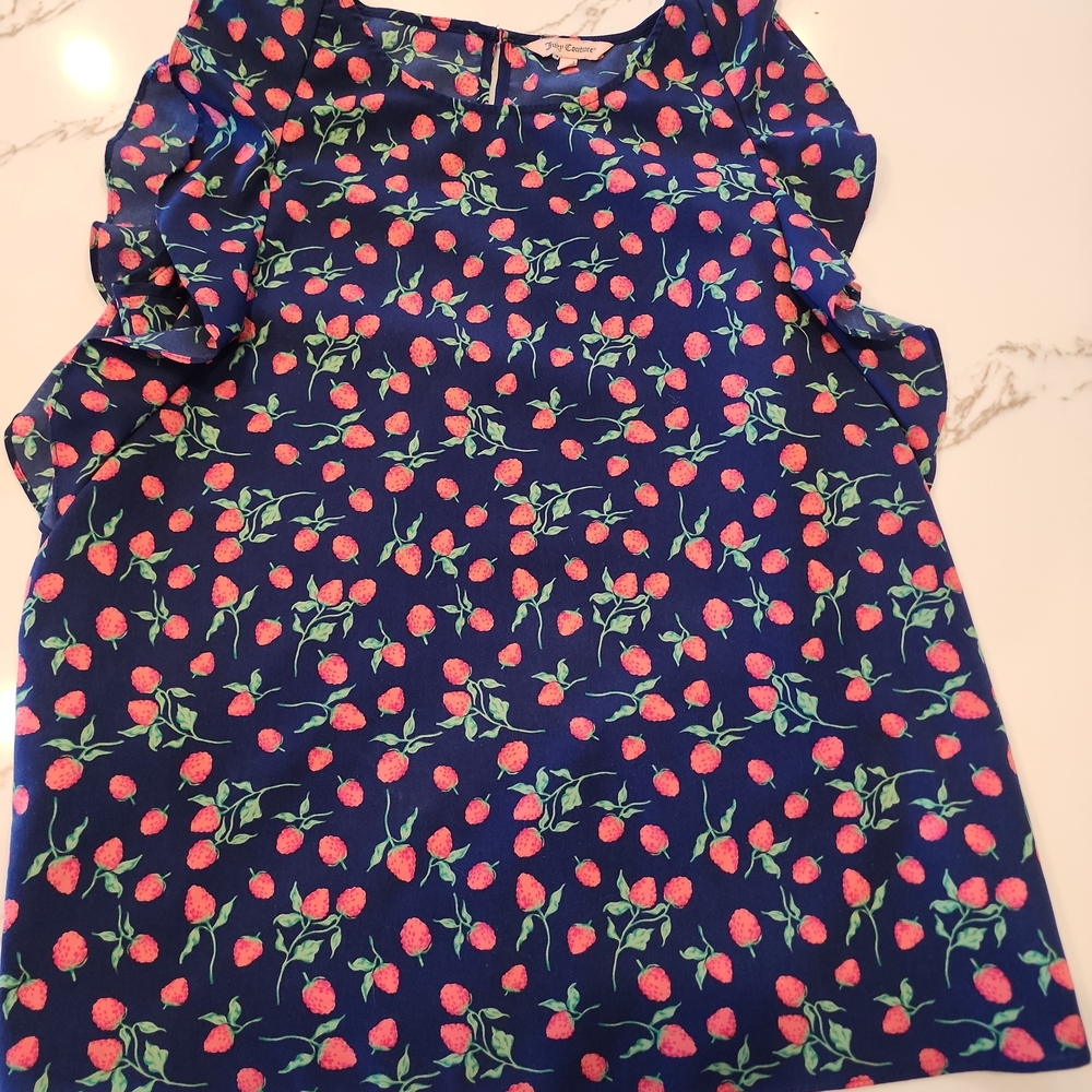 Juicy Couture Raspberry Print Blouse Navy Pink Ruffle Sleeve Womens Size L